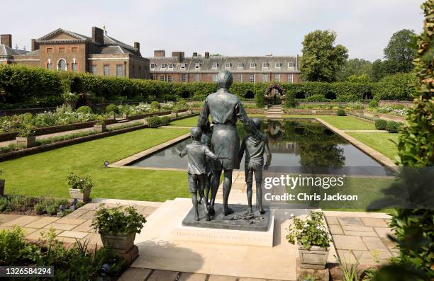 Statue of Diana, Princess of Wales in the sunken garden at Kensington Palace on July 02, 2021 in London, England. The Statue by sculptor Ian...