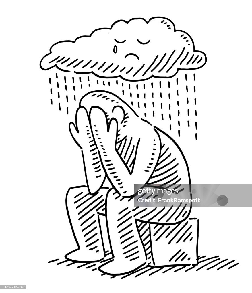 Sad Human Figure Sitting Under Rain Cloud Drawing High-Res Vector Graphic -  Getty Images