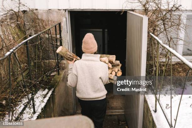 rear view of woman carrying firewood while walking towards shed - collecting wood stock pictures, royalty-free photos & images
