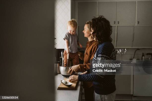 gay couple preparing food with daughter standing on kitchen counter at home - twee ouders stockfoto's en -beelden