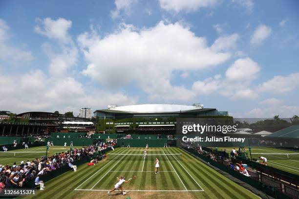 General view of play of Court 10 as Marie Bouzkova and Lucie Hradecka of Czech Republic play against Miyu Kato of Japan and Renata Voracova of Czech...