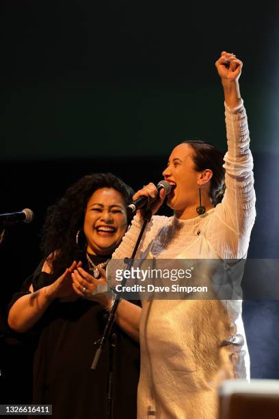 Bella Kalolo and Ria Hall perform as part of TUAWAHINE at The Civic on July 02, 2021 in Auckland, New Zealand. TUAWAHINE is a celebration of Matariki...