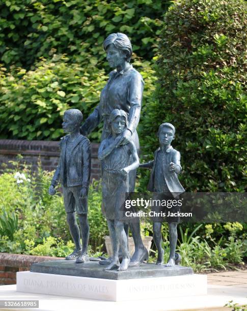 Statue of Diana, Princess of Wales in the sunken garden at Kensington Palace on July 02, 2021 in London, England. The Statue by sculptor Ian...