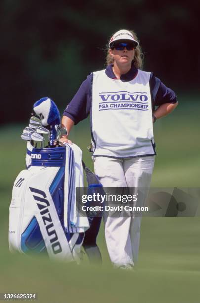 Fanny Sunesson of Sweden, golf caddie for Nick Faldo stands with his Mizuno golf bag during the Volvo PGA Championship golf tournament on 27th May...