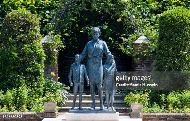Statue of Diana, Princess of Wales in the sunken garden at Kensington Palace on July 02, 2021 in London, England. At Kensington Palace on July 02,...