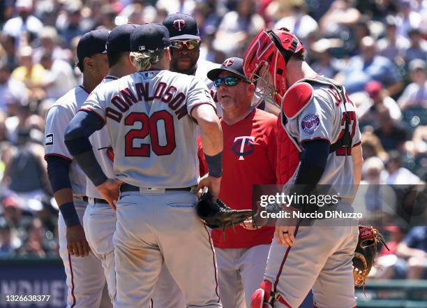 Pitching coach Wes Johnson of the Minnesota Twins visits the mound during the second inning of a game against the Chicago White Sox at Guaranteed...