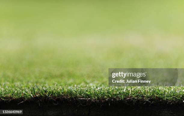 Detailed view of the grass surface on centre court during Day Five of The Championships - Wimbledon 2021 at All England Lawn Tennis and Croquet Club...