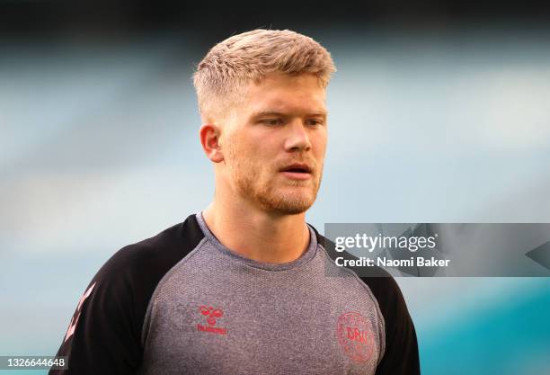 Andreas Cornelius of Denmark reacts during the Denmark Training Session ahead of the UEFA Euro 2020 Quarter Final match between the Czech Republic...