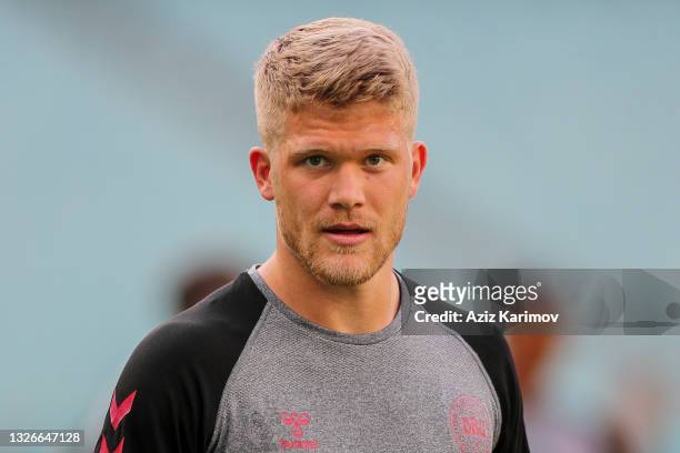 Andreas Cornelius of Denmark reacts during the Denmark Training Session ahead of the UEFA Euro 2020 Quarter Final match between the Czech Republic...