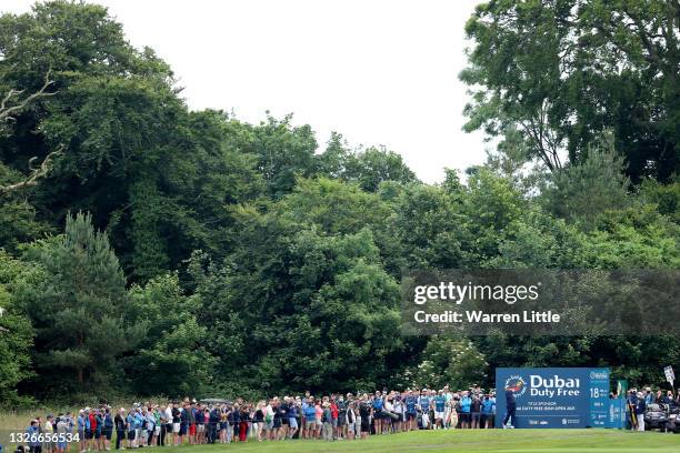 Shane Lowry of Ireland tees off on the 18th hole during Day Two of The Dubai Duty Free Irish Open at Mount Juliet Golf Club on July 02, 2021 in...