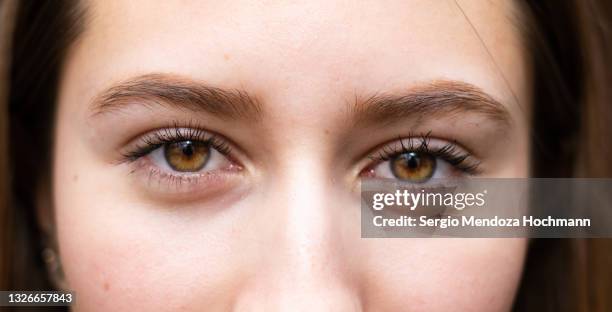 close-up of the eye and nose of a young latino woman - eye foto e immagini stock