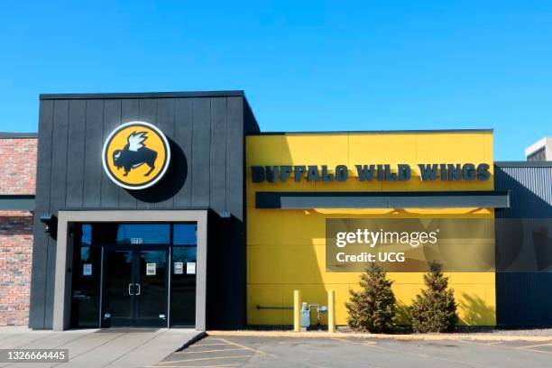 Buffalo Wild Wings restaurant entrance showing company logo, Moscow, Idaho.