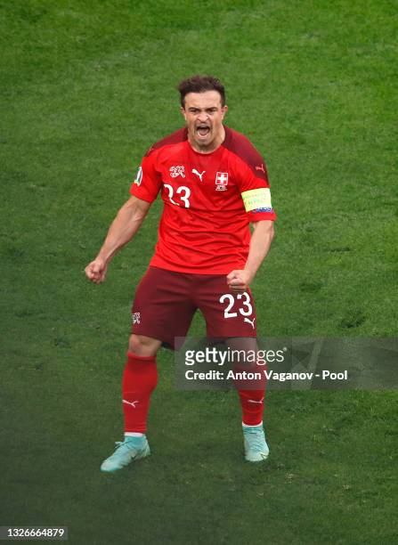 Xherdan Shaqiri of Switzerland celebrates after scoring their side's first goal during the UEFA Euro 2020 Championship Quarter-final match between...