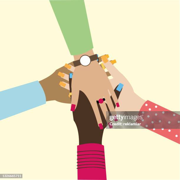 bildbanksillustrationer, clip art samt tecknat material och ikoner med hands of diverse group of people putting together. concept of cooperation, unity, togetherness, partnership, agreement, teamwork, social community or movement. flat cartoon vector illustration. - förtroende