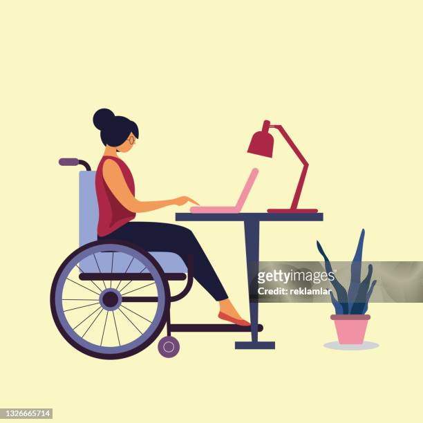 bildbanksillustrationer, clip art samt tecknat material och ikoner med disabled young woman in wheelchair working in the office. disabled woman working, teleconference with laptop. - persons with disabilities