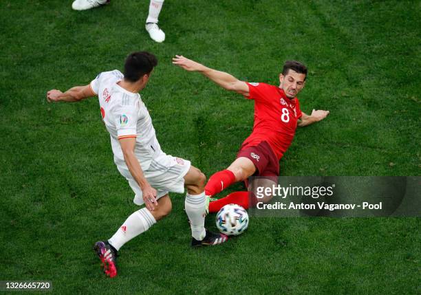 Gerard Moreno of Spain is fouled by Remo Freuler of Switzerland leading to a red card being awarded during the UEFA Euro 2020 Championship...