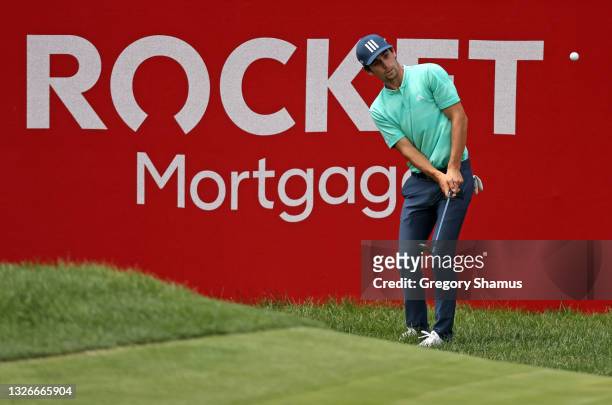 Joaquin Niemann of Chile chips to the 17th green during the second round of the Rocket Mortgage Classic on July 02, 2021 at the Detroit Golf Club in...