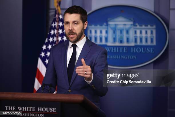 National Economic Council Director Brian Deese talks to reporters during the daily news conference in the Brady Press Briefing Room at the White...