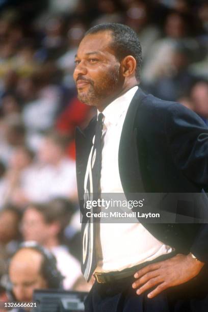 Head coach Bernie Bickerstaff of the Seattle SuperSonics looks on during a NBA basketball game against the Washington Bullets at the Capital Centre...