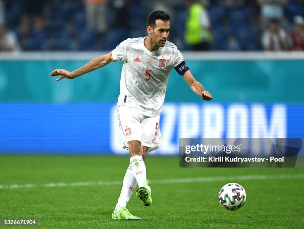 Sergio Busquets of Spain hits the post from their side's first penalty in a penalty shoot out during the UEFA Euro 2020 Championship Quarter-final...