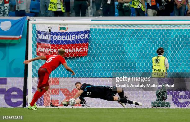 Manuel Akanji of Switzerland has their side's third penalty saved by Unai Simon of Spain in the penalty shoot out during the UEFA Euro 2020...
