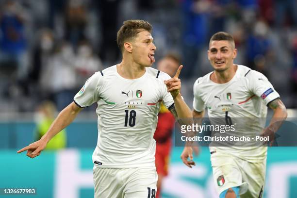 Nicolo Barella of Italy celebrates after scoring their side's first goal during the UEFA Euro 2020 Championship Quarter-final match between Belgium...