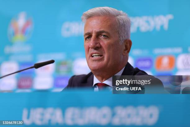 In this handout picture provided by UEFA, Vladimir Petkovic, Head Coach of Switzerland speaks to the media during the Switzerland Press Conference...