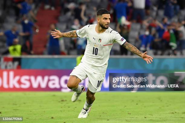 Lorenzo Insigne of Italy celebrates after scoring their side's second goal during the UEFA Euro 2020 Championship Quarter-final match between Belgium...