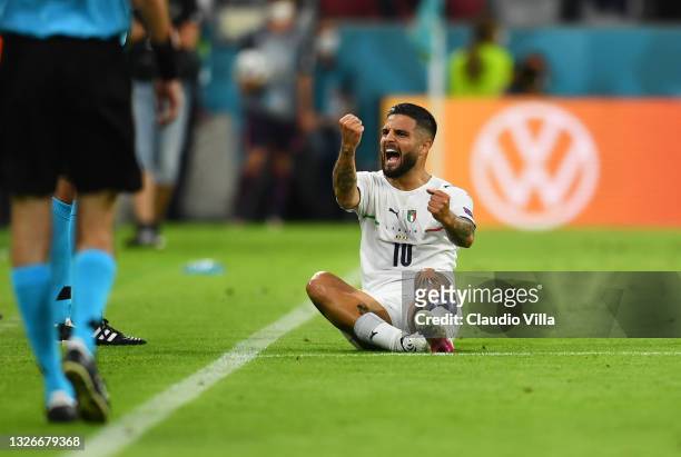 Lorenzo Insigne of Italy celebrates after scoring their side's second goal during the UEFA Euro 2020 Championship Quarter-final match between Belgium...