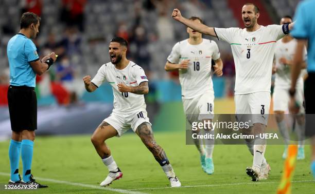 Lorenzo Insigne of Italy celebrates with Giorgio Chiellini after scoring their side's second goal during the UEFA Euro 2020 Championship...