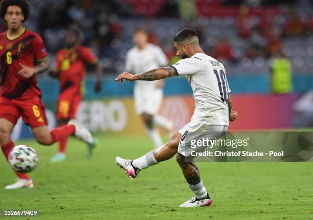 Lorenzo Insigne of Italy scores their side's second goal during the UEFA Euro 2020 Championship Quarter-final match between Belgium and Italy at...