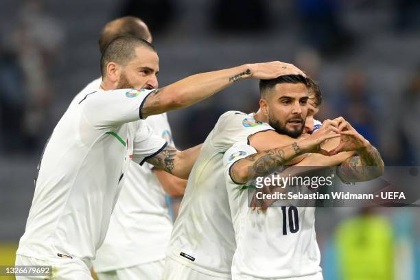 Lorenzo Insigne of Italy celebrates with team mates after scoring their side's second goal during the UEFA Euro 2020 Championship Quarter-final match...