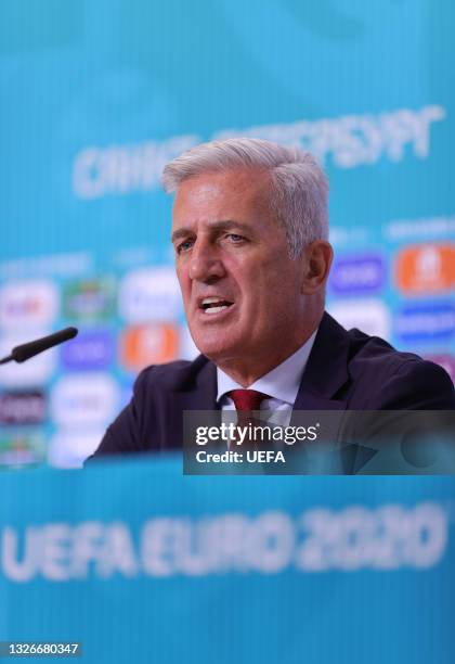 In this handout picture provided by UEFA, Vladimir Petkovic, Head Coach of Switzerland speaks to the media during the Switzerland Press Conference...
