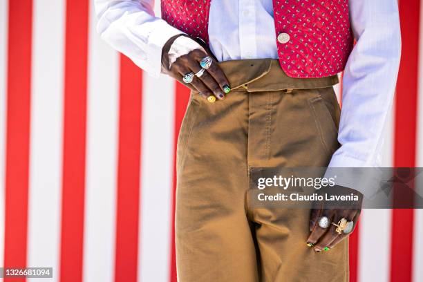 Youssou Bamar Gueye, ring and nails detail, is seen at Fortezza Da Basso on July 01, 2021 in Florence, Italy.