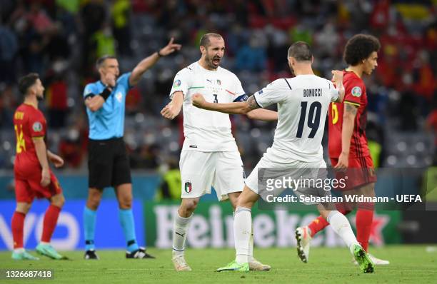 Giorgio Chiellini and Leonardo Bonucci of Italy celebrate after victory in the UEFA Euro 2020 Championship Quarter-final match between Belgium and...