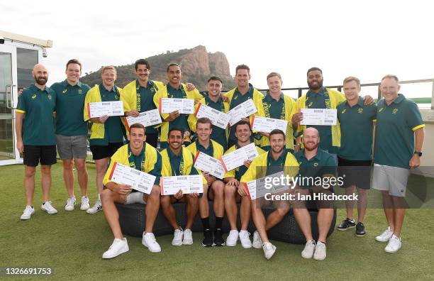 The Australian mens Rugby Sevens team pose together during the Australian Rugby Sevens Tokyo Olympic Games Team Announcement at the Hotel Grand...