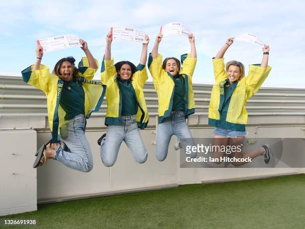 Demi Hayes, Charlotte Caslick, Dominique Du Toit and Emma Tonegato of the Australian womens Rugby Sevens team pose together during the Australian...