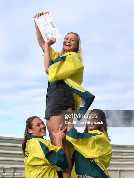 Sharni Williams, Maddison Levi and Demi Hayes of the Australian womens Rugby Sevens team pose together during the Australian Rugby Sevens Tokyo...