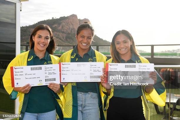 Madison Ashby, Sariah Paki and Faith Nathan of the Australian womens Rugby Sevens team pose together during the Australian Rugby Sevens Tokyo Olympic...