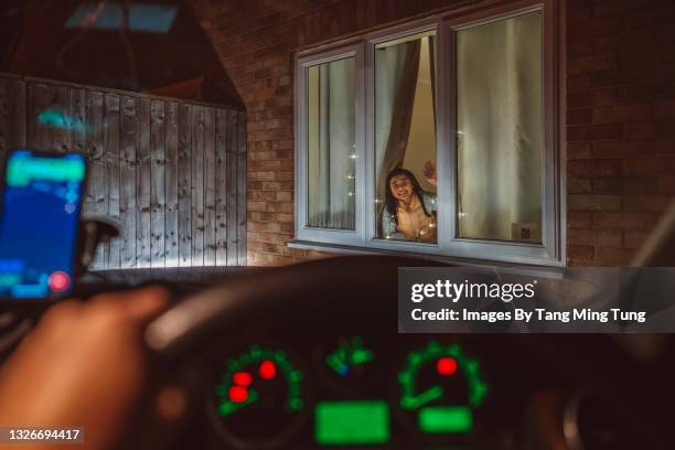 first person perspective of mom in the driver seat waving goodbye to her daughter - waving goodbye stock pictures, royalty-free photos & images