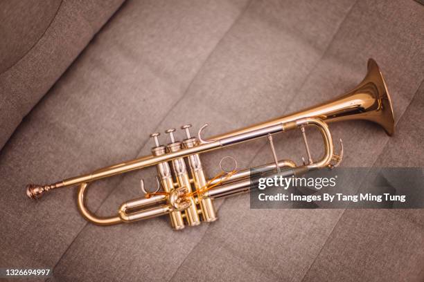 close-up of trumpet on sofa at home - tromba foto e immagini stock