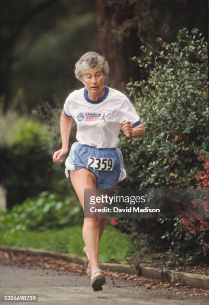 Sister Marion Irvine competes in a age 50+ senior race in Palo Alto, California in March 1989.
