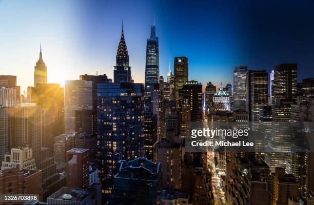 sunset day to night composite view of midtown manhattan - new york - day and night image series stock pictures, royalty-free photos & images