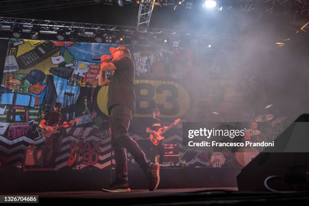 Max Pezzali performs at Arena Alpe Adria on July 02, 2021 in Lignano Sabbiadoro, Italy.