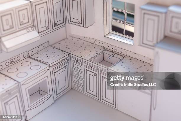 paper model of a suburban kitchen - doll house kitchen stock pictures, royalty-free photos & images