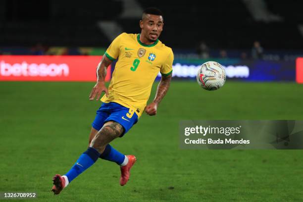 Gabriel Jesus of Brazil controls the ball during a quarterfinal match between Brazil and Chile as part of Copa America Brazil 2021 at Estadio...