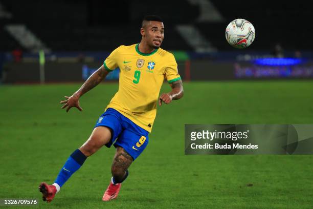 Gabriel Jesus of Brazil controls the ball during a quarterfinal match between Brazil and Chile as part of Copa America Brazil 2021 at Estadio...