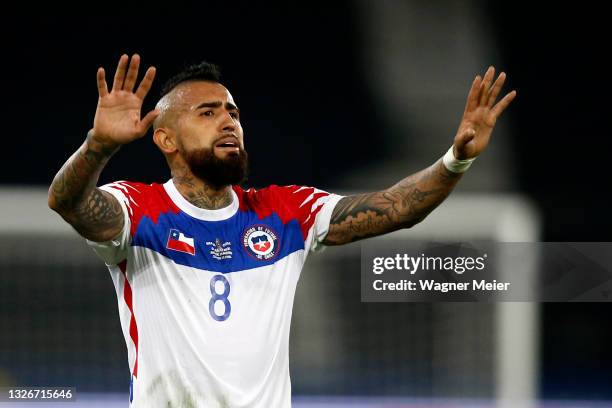 Arturo Vidal of Chile reacts during a quarterfinal match between Brazil and Chile as part of Copa America Brazil 2021 at Estadio Olímpico Nilton...