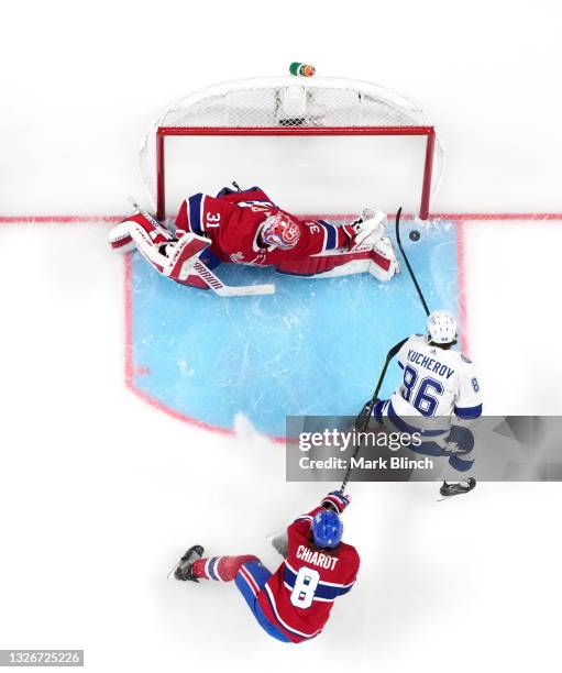 Nikita Kucherov of the Tampa Bay Lightning scores a goal against Carey Price of the Montreal Canadiens during the second period in Game Three of the...