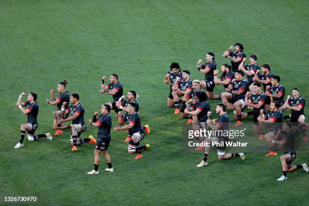 The haka is performed by NZ Maori during the Test match between the Maori All Blacks and Manu Samoa at Mt Smart Stadium on July 03, 2021 in Auckland,...